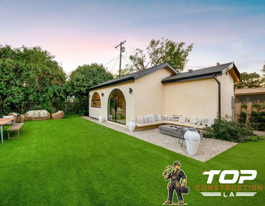 Detached ADU construction in Los Angeles backyard with modern design, outdoor seating area, and finished landscaping