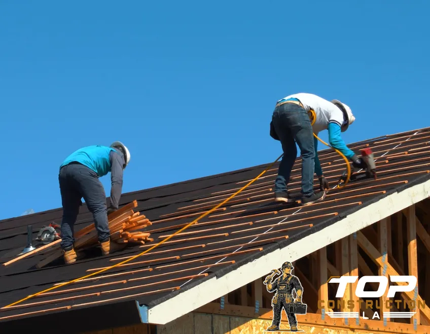 Roofing work in progress in Los Angeles showing shingles being laid and new roof construction on residential property